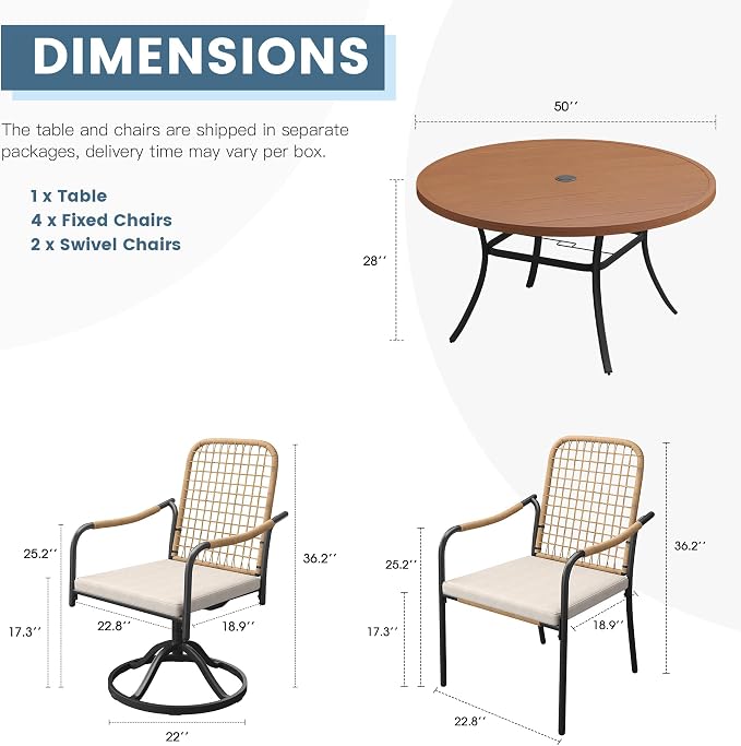 DIFY 7 Pieces Outdoor Dining Set for 6, Patio Furniture Set of 6 Wicker Patio Chairs with Soft Cushions and 50" Walnut Round Metal Table with Umbrella Hole, for Backyard Garden Deck, Wheat Rattan