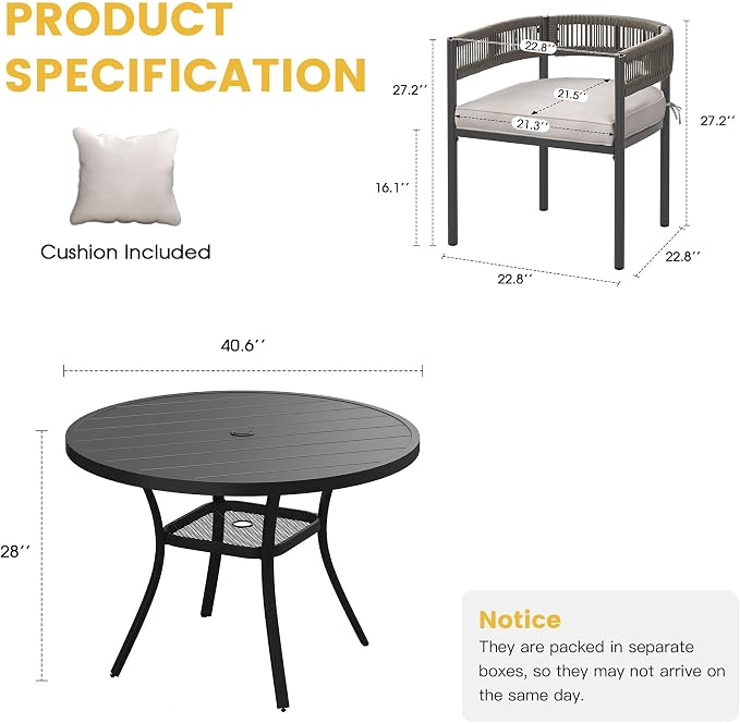 VICLLAX Patio Dining Set for 4-40.6" Round Table & Cushioned Seats, Black