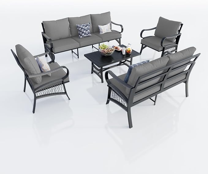 5 Pieces Patio Conversation Sets, All Weather Metal Outdoor Furniture Set with Sectional Sofa Loveseat Couch for Backyard Garden Deck Porch Poolside (Gray Cushions)