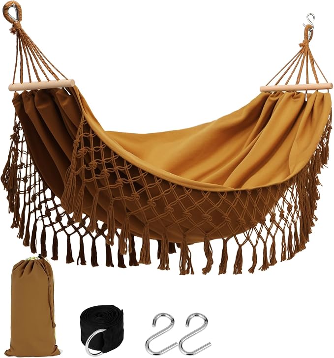 Bohemian Canvas Hammock with Tassels, Brown, 79"x59" | Soft Breathable Cotton Canvas Hammock,79x39in,2 Hanging Straps Wooden Bar;3 colors,compact for students renters dorm balcony