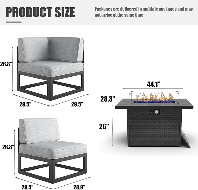 LayinSun Large Aluminum Patio Furniture Set with Fire Pit Table, 9 Pieces Modern Outdoor Conversation Set Sectional Metal Sofa Set with Olefin Cushion