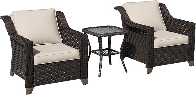 3 Pieces Patio Conversation Furniture Set - 2 Armchairs, 1 Side Table, Outdoor Wicker Furniture with Removable Cushions for Porch, Balcony, Deck, Sunroom (Beige)