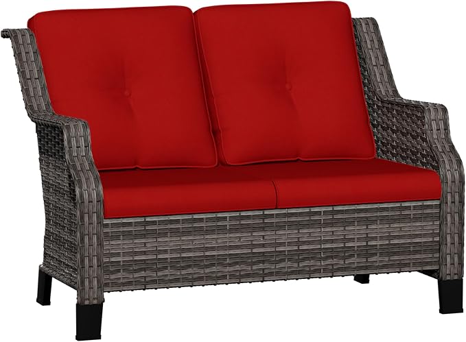 Outdoor Patio Loveseat, All-Weather 2-Seater Wicker Loveseat with Cushions, Outdoor Patio Love Seat Sofa for Garden, Balcony and Deck