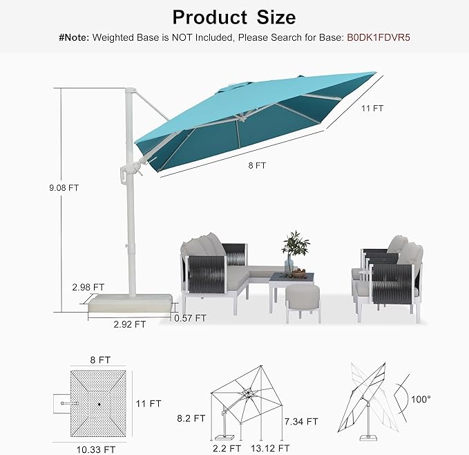 PURPLE LEAF 8' X 11.5' Right-left Tilt White Cantilever Umbrella with Base Patio Outdoor Swivel Umbrellas with Aluminum Tilt Offset Umbrella with 360° Rotation for Deck Pool, Turquoise