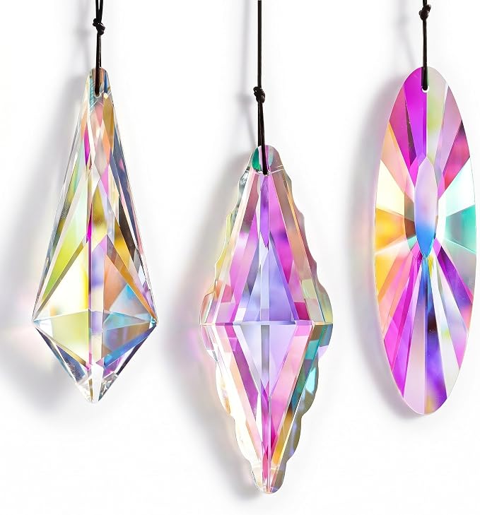 YU FENG 3PCS Crystal Suncatcher Prism, AB Rainbow Maker for Window | Faceted Geometric Glass Prisms, Hanging Crystal Ornament, Creates Colorful Rainbow Effects, Home Garden Window Decor