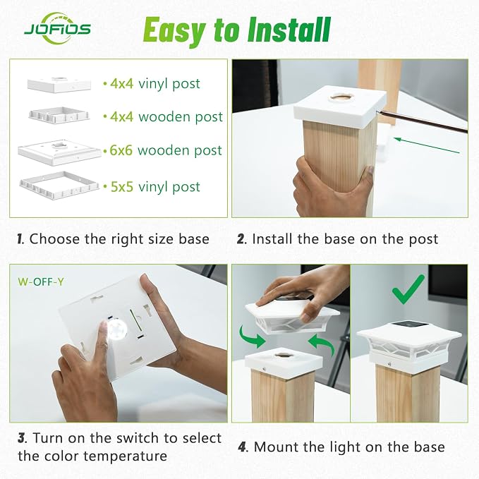 JOFIOS Solar Fence Post Lights 6pack, Cap Lights for 4x4/5x5 Vinyl Fence and 4x4/6x6 Wooden Post, Warm White/Cool White Lighting, White Solar Cap Outdoor Waterproof Decorate Garden Pathway Deck Patio