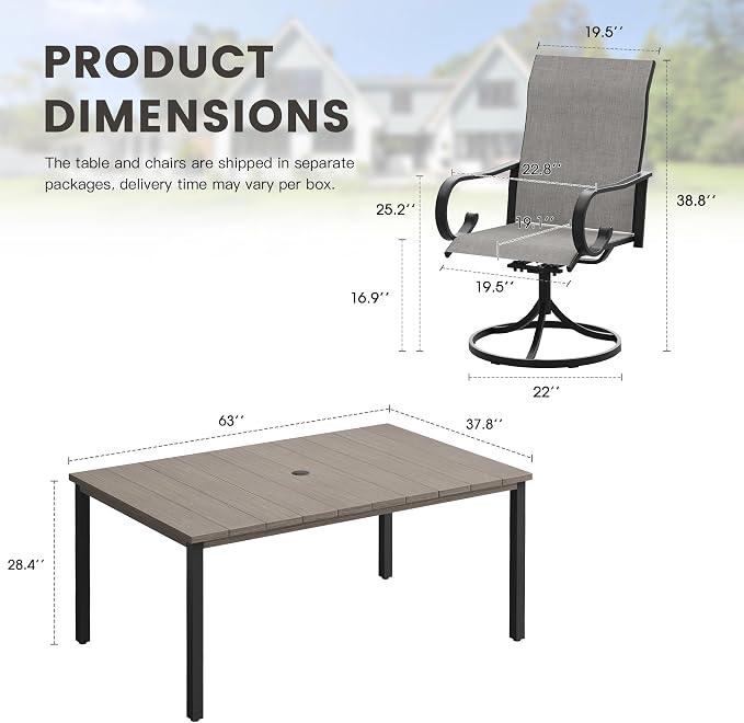 7 Pieces Patio Dining Set, 6 Outdoor Swivel Dining Chairs with 63" Rectangle Metal Outdoor Dining Table with Umbrella Hole for Garden Backyard Deck, Grey