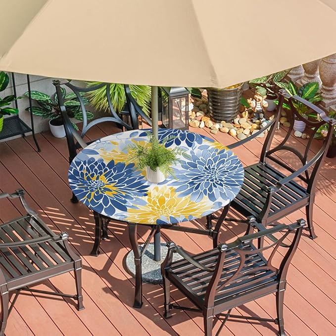 OSAM SPACE Outdoor Tablecloth with Umbrella Hole, Round Elastic Fitted Table Cloth with Invisible Zipper,Blue Yellow Chrysanthemum Flower Picnic Patio Table Cover 36-44in