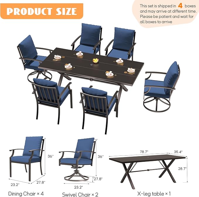 7-Piece Patio Dining Set Outdoor Conversation Set,Metal Outdoor Furniture Set with Umbrella Hole Cut-Out 78.7" x 35.4" Table and 6 Metal Chairs for Backyard,Garden,NavyBlue