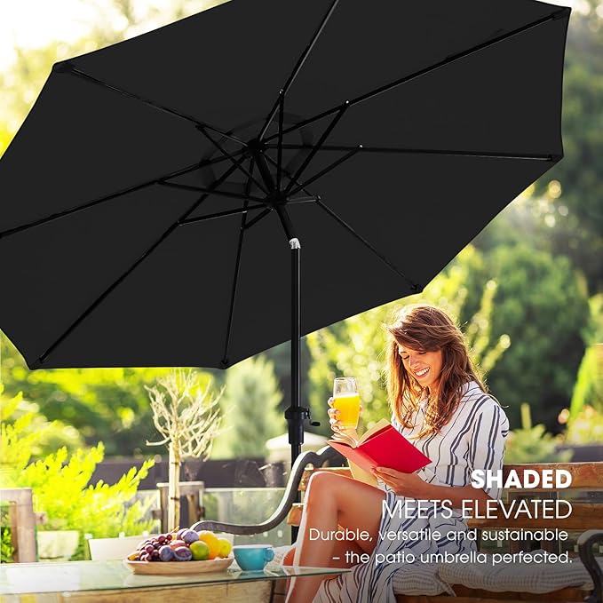 wikiwiki 10FT Patio Umbrella with Base, Outdoor Umbrellas with Base Included, 8 Sturdy Ribs, Waterproof Fade Resistant POLYESTER DTY Canopy for Deck, Lawn, Garden, Backyard & Pool, Black