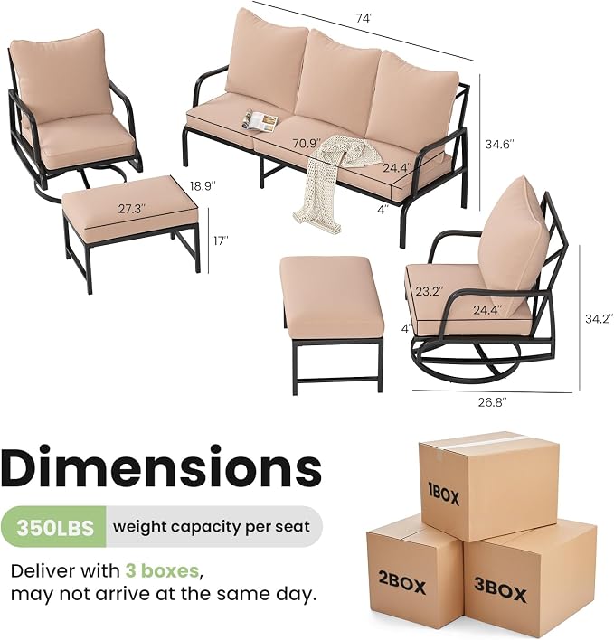 Soohow Patio Furniture Set, 5 Piece Outdoor Patio Furniture Set, 2 x Outdoor Swivel Chair, 1 x 3-Seats Sofa and 2 x Ottoman, Metal Conversation Set for Porch, Balcony, and Backyard