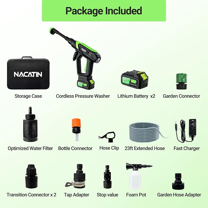 Cordless Washer, 5 Gear Brushless Washer for Car Washing, Patio, Fence, Driveway, Outdoor Cleaning, with 2 Batteries, 6 in 1 Nozzle, 6 Meter Hose, Tap Adapter