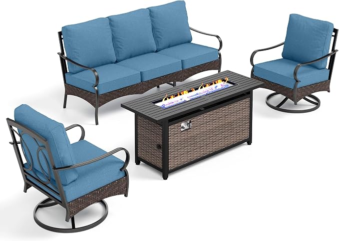 PHI VILLA Patio Furniture Set with 56" Fire Pit Table, Premium Outdoor Wicker Metal Frame Furniture with Upgraded Waterproof Thick Cushions for Porch, Poolside, Deck, and Yard(4 Pieces,Navy