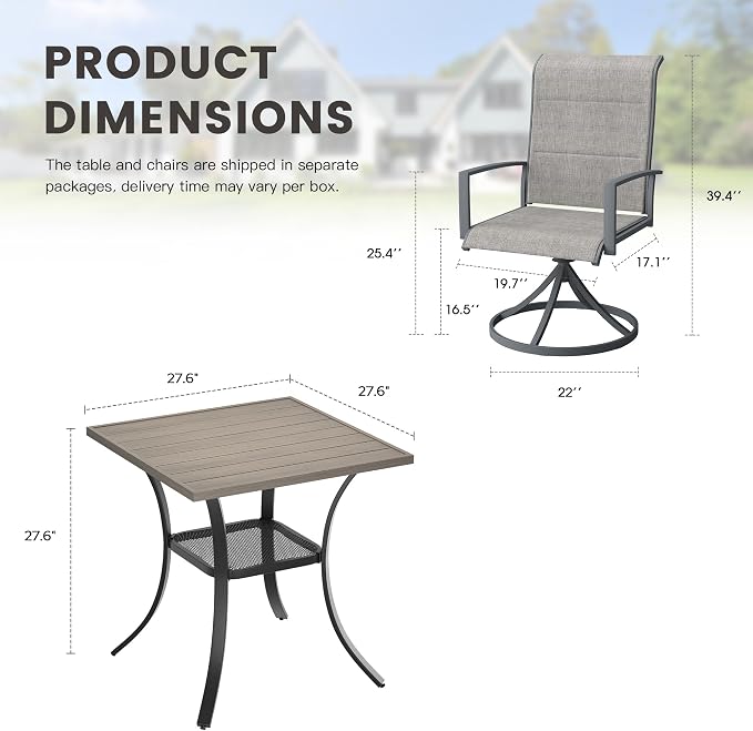Outdoor Dining Set for 2, 28" Metal Square Outdoor Dining Table and Padded Textilene Patio Swivel Chairs, 3 Pieces Patio Table and Chairs Set for Garden Backyard, Grey