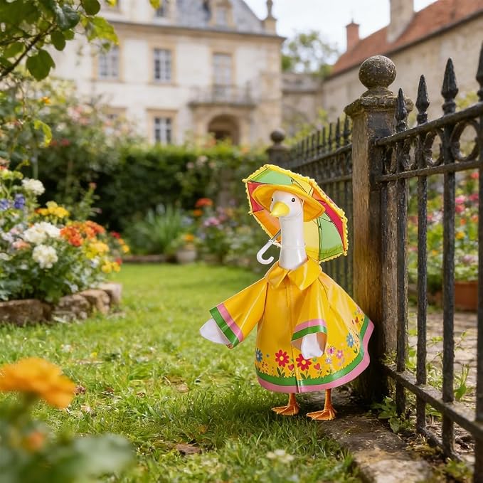 Raincoat Porch Goose Outfits, 3 Pcs Set Spring Summer Lawn Goose Statue Raincoat Clothes, Yard Gooses Costume Raincoats Umbrella Hat Outfit for 23" Statue Patio Garden Decoration