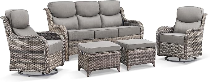 Luxury 5 Pieces Outdoor Patio Furniture Set-High Back Swivel Rocker Patio Chairs with Sofa and Ottomans, 6-inch Extra Thick Cushions Wicker Outdoor Conversation Set for Garden Porch(Grey/Grey)