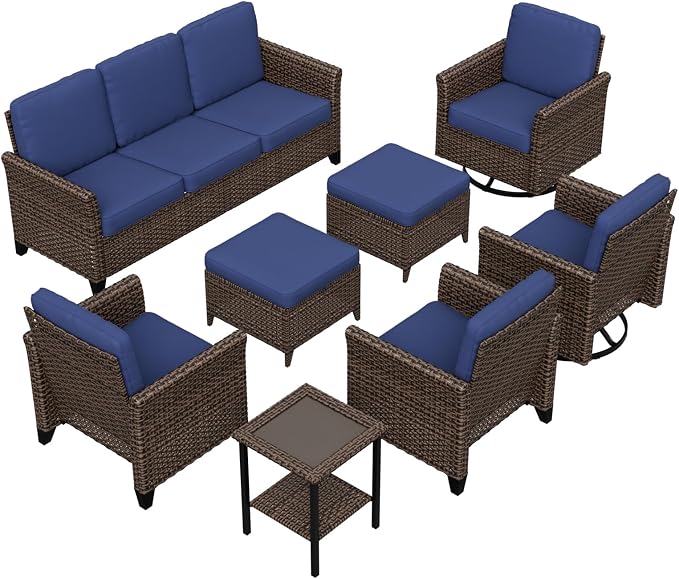 COOS BAY Harbor Retreat 8 Piece Outdoor Furniture Set, Patio Conversation Set with Swivel Rocking Chairs, Patio Chairs, Couch, Side Table and Ottomans, Wicker Furniture, Brown/Blue