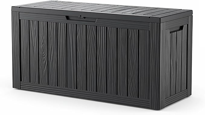 155 Gallon Outdoor Deck Storage Box, Large Waterproof Resin Patio Storage Box, Lockable Bench Seat Holds 2 Adults, for Garden Tools, Cushions & Pool Floats, UV & Rust Resistant, Black