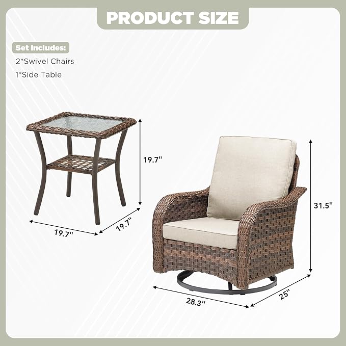 3 PCS Patio Swivel Rocking Chairs Set, Outdoor Wicker Furniture with 4-Inch Thick Olefin Cushions & Side Table, 300 lbs Capacity Swivel Rocker Chairs for Porch, Balcony, Backyard, Beige