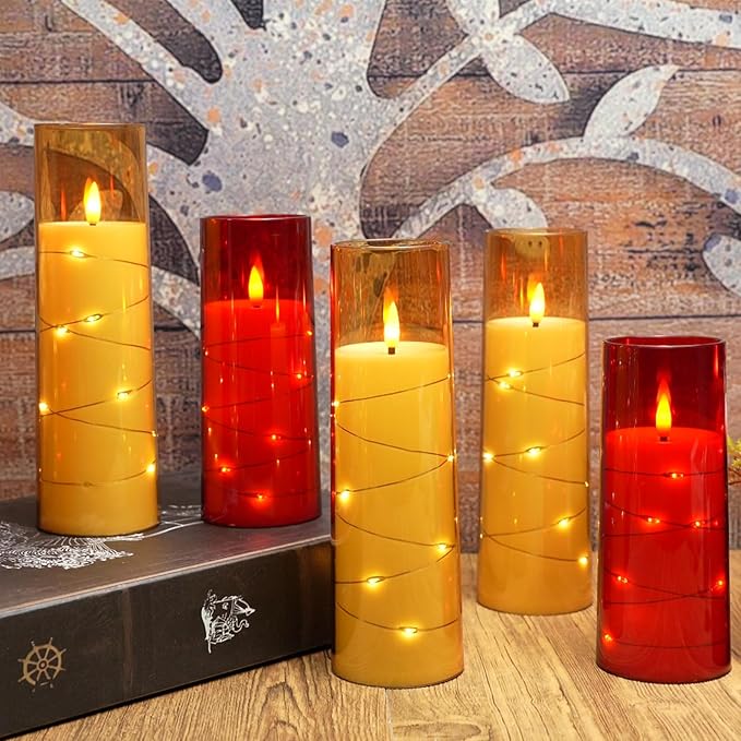 Eebuss Flameless Candles with Embedded Star String, Battery Operated LED Pillar Candles with Timer and Remote Control,Home Decorating for Ambiance, Set of 7 (Red)