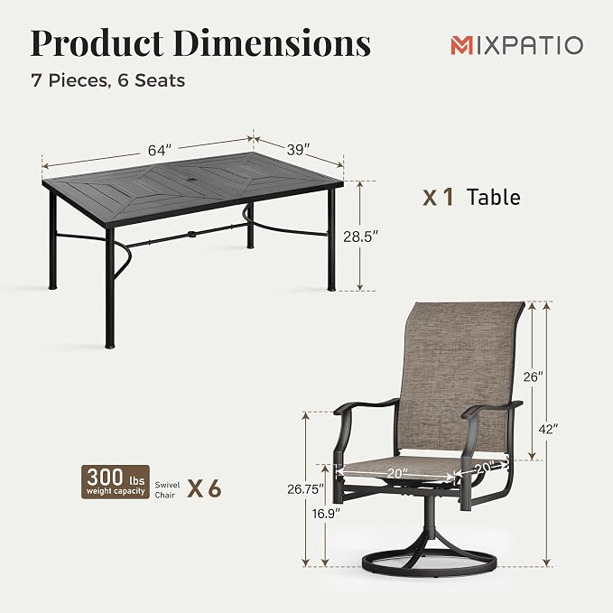 MIXPATIO Patio Dining Set for 6, Outdoor Metal Table and Swivel Chairs Set, 7 Piece Patio Furniture Set with Umbrella Hole for Backyard Deck