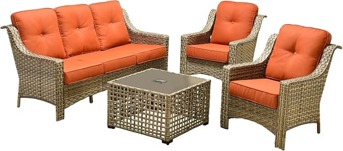 Outdoor Patio Furniture Sets, 4 PCS Patio Conversation Set Outside Rattan Sofa with Solar Light Coffee Table Comfy Cushions Fit Backyard Porch Garden Poolside Balcony,Orange Red
