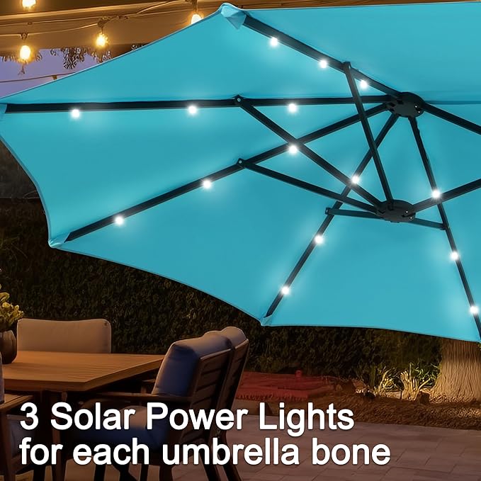 13 ft Patio Umbrella with 36 LED Lights, Large Rectangle Outdoor Solar Umbrella with Matching Base, Strap, Crank, Blue