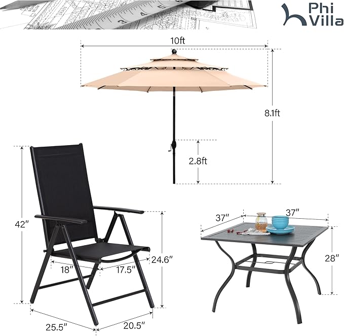 PHI VILLA Outdoor Patio Dining Set with Umbrella for 4, Folding Chairs | Light-weight & portable, Breathable & quick-drying textilene fabric, Weather-resiatant, 10Ft beige umbrella without base