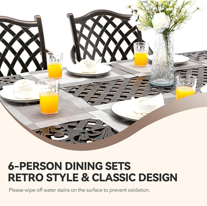 7 Piece Outdoor Dining Set Cast Aluminum Furniture Set, Retro Patio Dining Set for 6 includes 59” Table & 4 Stackable Chairs & 2 Swivel Chairs with Cushions and 2" Umbrella Hole for Patio Deck Garden