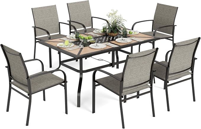 MIXPATIO Outdoor Patio Dining Set 7 Piece Furniture Set with 6 Brown Textilene Chairs and Wood-Like Table Top Rectangular Table for Deck Garden Backyard Lawn Poolside