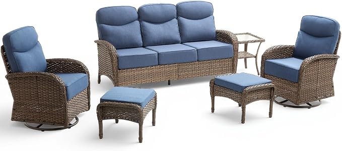 Luxury Outdoor Patio Furniture Set with 6-Inch Thick Cushions, 6 Pieces All-Weather Wicker Outdoor Furniture with Outdoor Rocking Chair, Outdoor Patio Conversation Sets for Garden Porch Deck, Blue