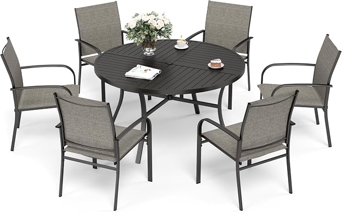 SUNSHINE VALLEY 7 Piece Outdoor Dining Set for 6, 54" Round Metal Table with Umbrella Hole, 6 Brown Dining Chairs, Patio Table and Chairs Set for Backyard Lawn