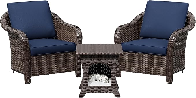 Patio PE Rattan Chairs Set of 2 with Cat Nest End Table, All-Weather & Steel Frame Outdoor Conversation Furniture Set with Washable Cushions for Garden, Bistro, Deck, Yard (Navy Blue)