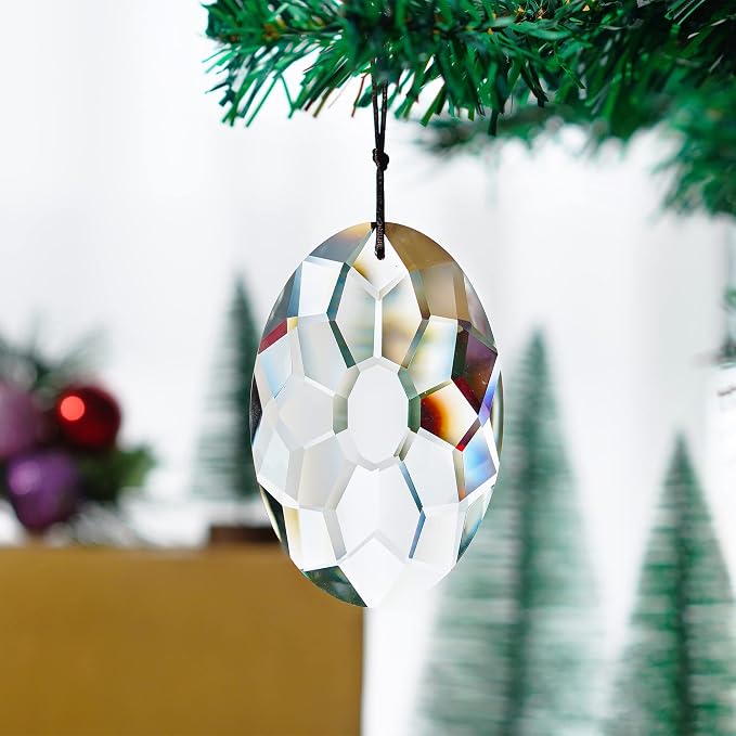 YU FENG 3.5 Inch Oval Crystal Prism Suncatcher, Clear Rainbow Maker | Clear Faceted Crystal Design, Window Hanging Pendant, Sun Catcher Ornament, Natural Light Reflection, Indoor Outdoor Decor