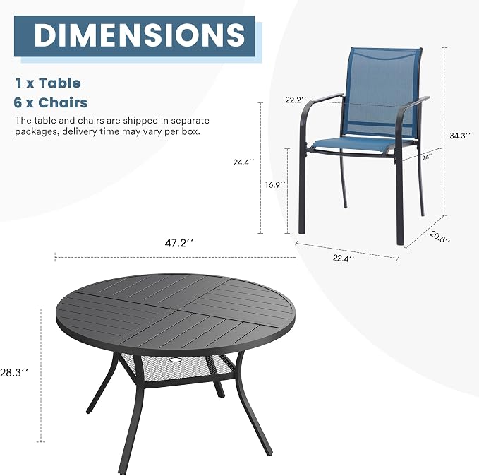 DIFY Patio Dining Set for 6, 7 Piece Outdoor Table and Chairs Set, 47.2" Black Round Metal Patio Dining Table and 6 Blue Textilene Stackable Patio Chairs, for Backyard Garden Poolside