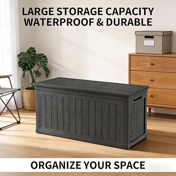 260 Gallon Lockable Resin XXL Deck Box, Waterproof Outdoor Storage Box for Patio Furniture Cushions, Garden Tools & Pool Accessories Storage, Black