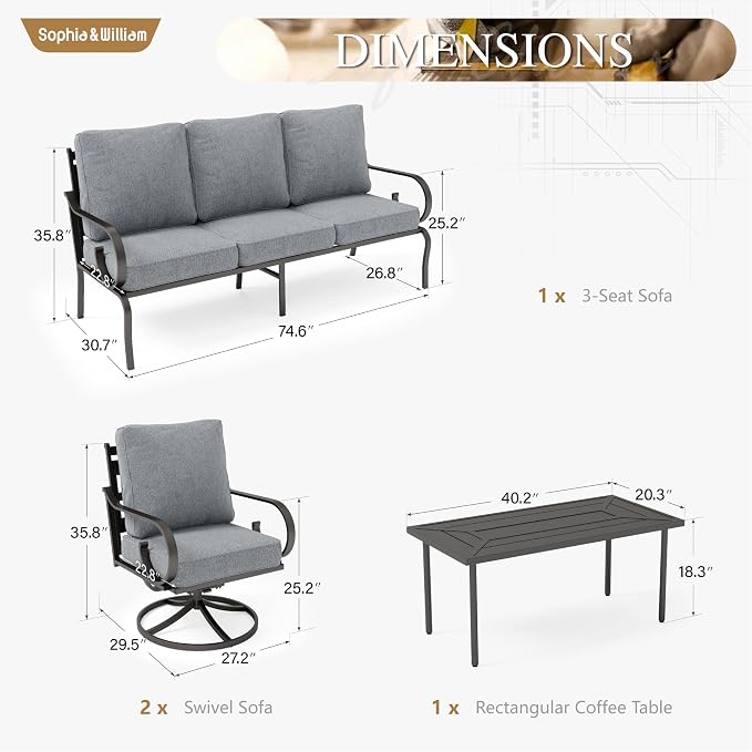 Sophia & William Patio Conversation Set for 7, 3-Seater Sofa, 4 Swivel Chairs and a Coffee Table, Metal Outdoor Furniture with 5.75" Extra Thick Cushions, Grey