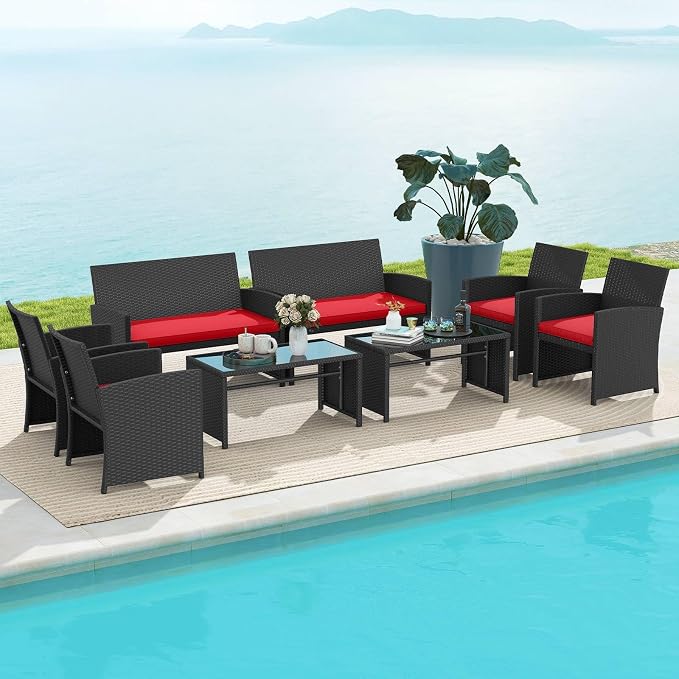 RELAX4LIFE 8-Piece Patio Furniture Set - Wicker Rattan Outdoor Sectional Sofa Set w/Glass Coffee Table, Loveseat, Chairs & Soft Cushions, Bistro Conversation for Garden Porch (2, Black-Red)