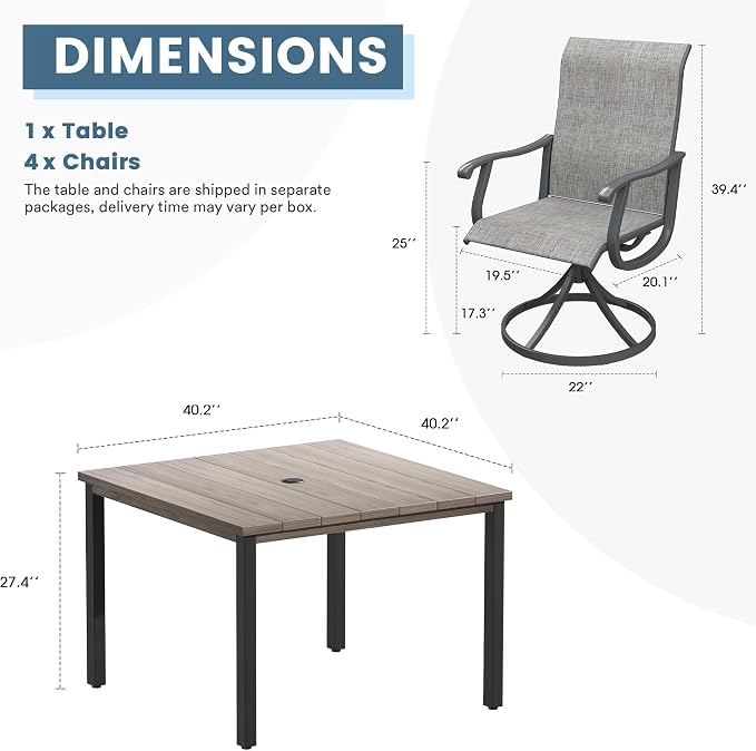 DIFY Patio Table and Chairs Set for 4, 5 Piece Outdoor Dining Set, 40.2" Grey Wood-Like Square Metal Dining Table with Umbrella Hole and 4 Grey Textilene Swivel Patio Chairs, for Garden Backyard Deck