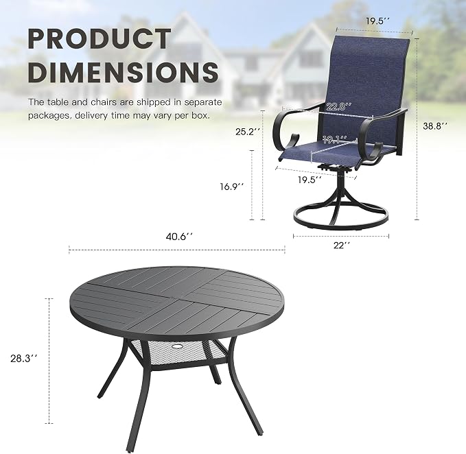 5 Pieces Patio Dining Set, 4 Outdoor Swivel Dining Chairs with 40.7" Round Metal Outdoor Dining Table with Umbrella Hole for Garden Backyard Deck, Dark Blue & Black