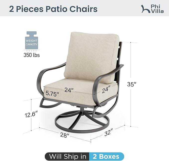 PHI VILLA Patio Furniture Chair Set for 2, Deluxe Outdoor Conversation Set with 2 Swivel Padded Sofa Chair, Full Metal with 5.8" Cushion for Deck, Lawn, Garden