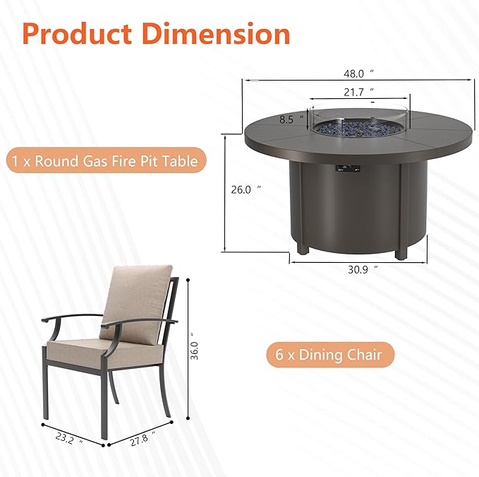 7 Pieces Outdoor Patio Furniture Set with 48" Round Propane Fire Pit Table,Patio Dining Set Outdoor Conversation Sets 6 Chairs for Deck,Backyard and Garden,Brown