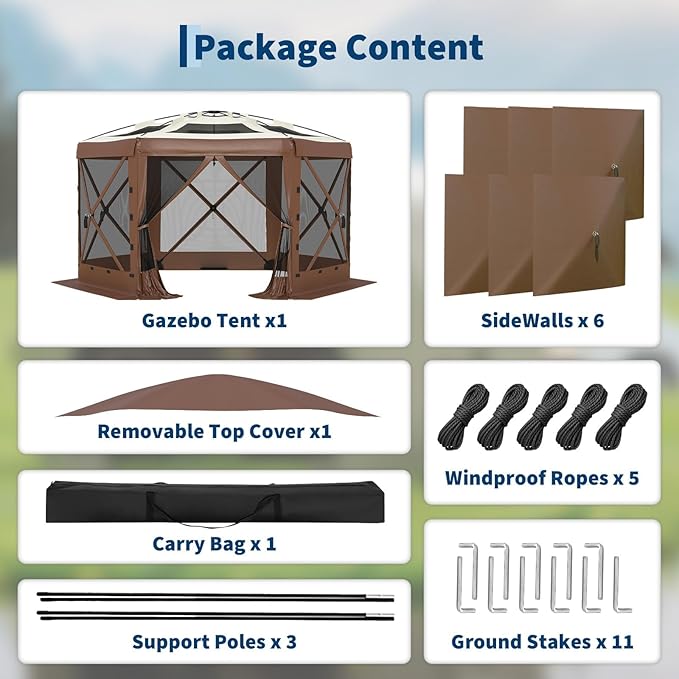 GarveeLife 13x13FT 6-Sided Pop Up Canopy Tent,One-Push Setup Canopy Tent with Removable Canopy Top & Wind Cloths, Outdoor shelter for Camping, Backyard Parties, Outdoor Events - Beige & Khaki