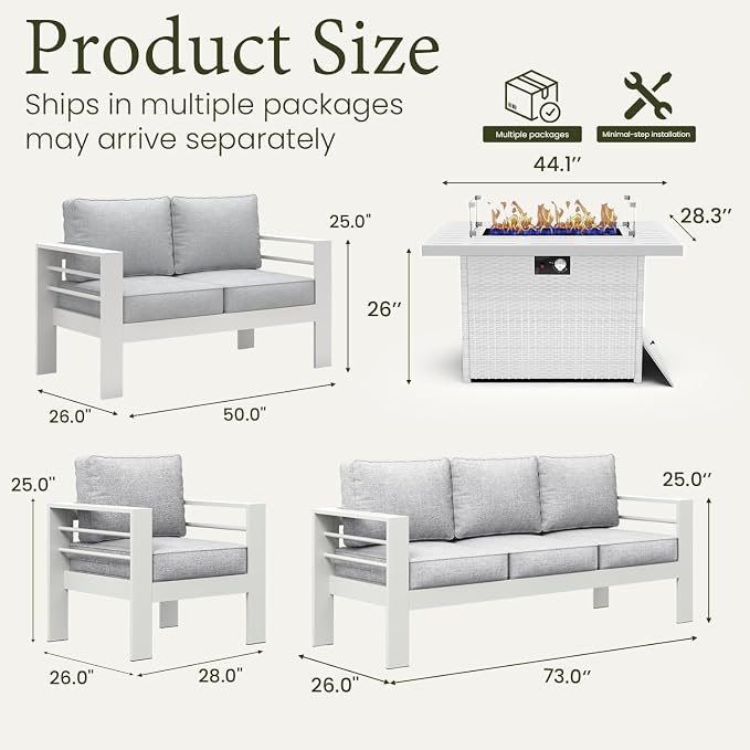 LayinSun Aluminum Furniture Set with Fire Pit Table, 5 Pieces Patio Sectional Conversation Chat Sofa Modern Seating Set