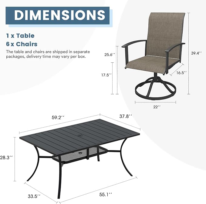 DIFY 7 Pieces Outdoor Dining Set, Metal Patio Table and Chairs Set for 6 with Umbrella Hole, 59.2" Black Rectangle Table and Brown Textilene Swivel Patio Chairs for Garden, Backyard, Poolside