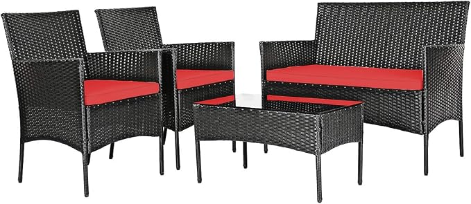 Tangkula 8 Piece Patio Furniture Set, Outdoor Wicker Conversation Set with Tempered Glass Coffee Table, Rattan Loveseat & Chairs Set with Seat Cushions for Backyard, Garden, Poolside (2, Red)
