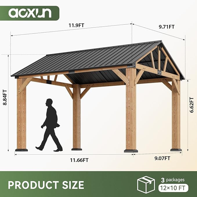 Aoxun 10' x 12' Outdoor Wood Gazebo, Hardtop Gazebo Permanent Wooden Pavilion with Gable Galvanized Steel Roof for Patio, Garden, Backyard, Natural