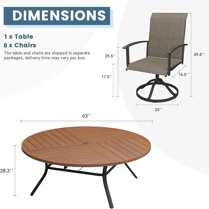 DIFY 9 Pieces Outdoor Dining Set, Metal Patio Table and Chairs Set for 8 with Umbrella Hole, 63" Walnut Round Table and Brown Textilene Swivel Patio Chairs for Garden, Backyard, Poolside