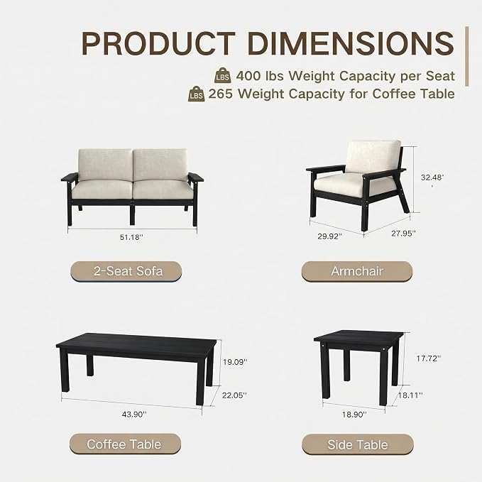 Kingdura HDPE Patio Furniture Set, 3 Piece Outdoor Sectional Sofa with Coffee Table, All Weather Outdoor Couch Conversation Set with Washable Cushions for Backyard Poolside Balcony