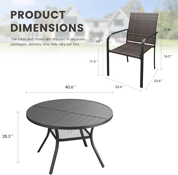 Outdoor Dining Set for 4, 40.7" Metal Round Outdoor Dining Table with Umbrella Hole and Wicker Stackable Patio Chairs, 5 Pieces Patio Table and Chairs Set for Garden Backyard, Black